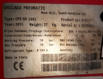 Foto: SECADOR DE AR COMPRIMIDO - MARCA CHICAGO PNEUMATIC  MODELO CPX 60 - ANO 2011 - 16 BAR