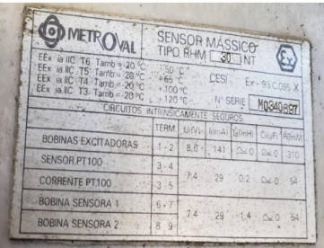 Foto: SENSOR MASSICO - MEDIDOR DE FLUXO DE MASSA - METROVAL -TIPO RHM30