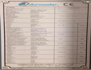 Foto: DOBRADEIRA HIDRÁULICA CNC - DURMA - E30300 -  3050 X 300TON - ANO 2006