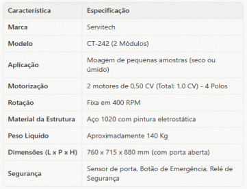 Foto: MOINHO DE LABORATÓRIO - SERVITECH - MODELO CT-242